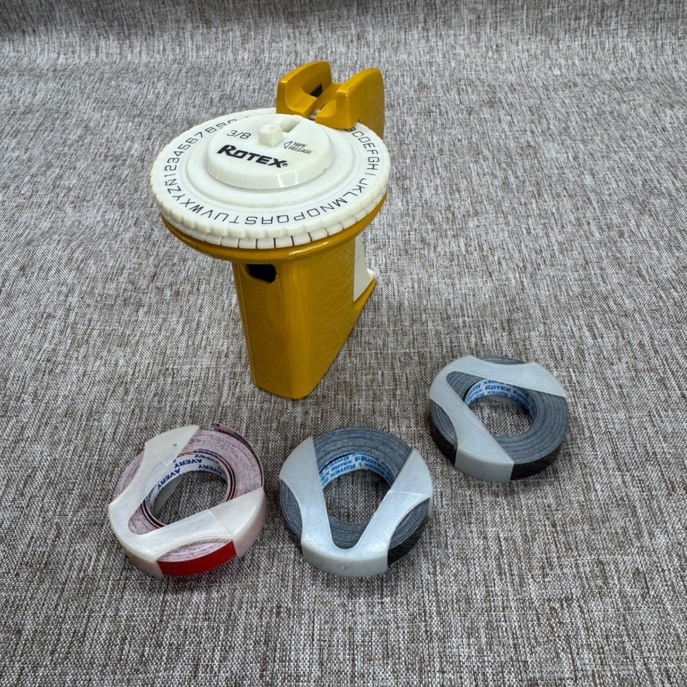 Vintage Rotex 3/8 Inch Manual Label Maker Tool Yellow with 3 Tape Rolls